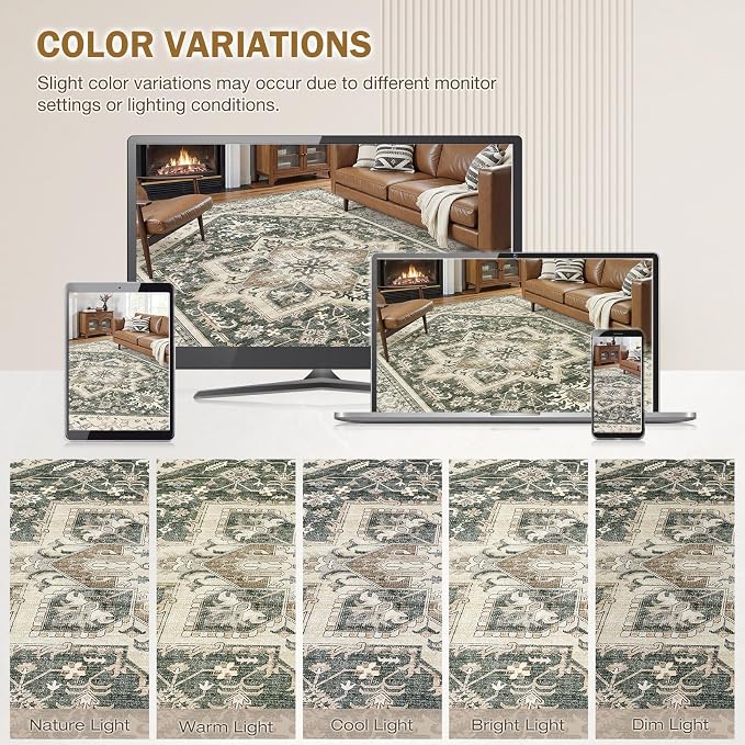 Area Rug for Living Room - 5x7 Washable Oriental Vintage Floral Large Soft Carpet - Fade Stain Resistant Non Slip Rugs for Bedroom Dining Room Nursery Dorm Office Home Decor - Vintage Green