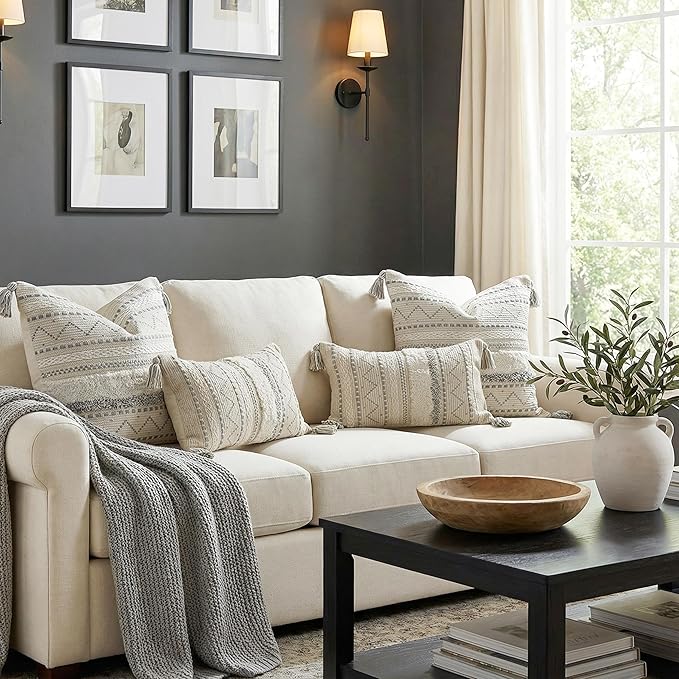 BlissBlush 20X20 Throw Pillow Cover, Cream Neutral Square Decorative Cushion Cover with Gray Pattern, Boho Accent Pillowcase with Tufted Details and Tassels for Couch Sofa Living Room (Cover Only)