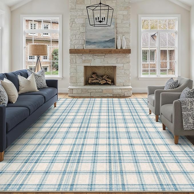 9x12 Blue Area Rug for Living Room Bedroom Soft Low Pile Checkered Large Carpet Modern Accent Non Slip Rug for Dining Room Nursery Office Indoor