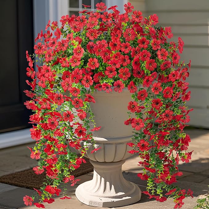 Ammyoo Artificial Hanging Flowers for Outdoors Fake Plants Decoration, 2 Pcs Faux Silk Daisy Flower Realistic Outdoor Flowers UV Resistant Porch Patio Window Yard Indoor Spring Decor(Red)