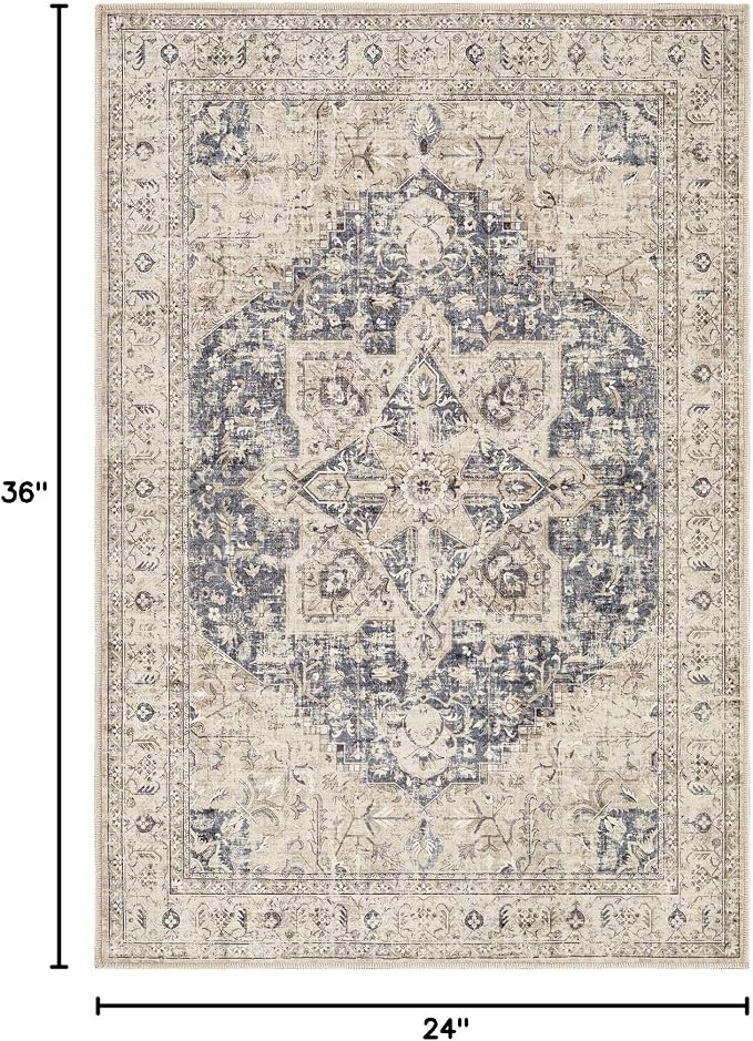 Tortania Area Rug 2x3 Doormat - Washable Vintage Oriental Farmhouse Soft Thin Indoor Carpet for Living Room Bedroom Hallway Entryway Kitchen - Cream/Blue