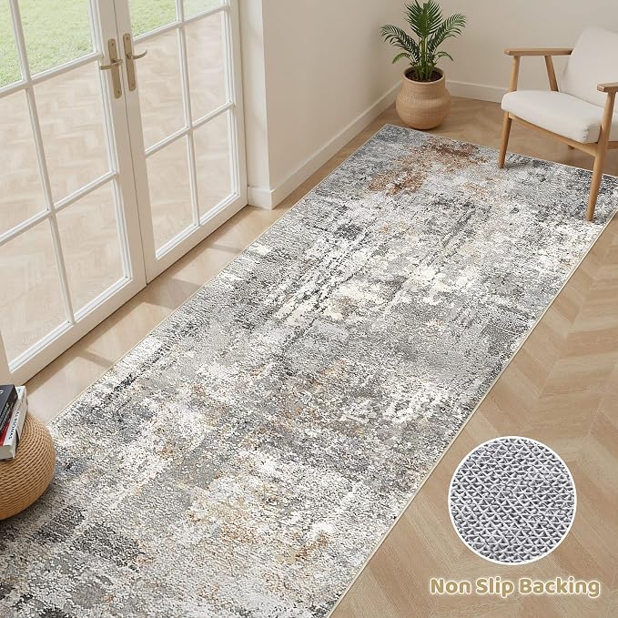 Runner Rug Kitchen Washable Rugs: 3x8 Non-Slip Abstract Soft Modern Stain Resistant Indoor Floor Neutral Accent Throw Carpet for Hallway Bathroom Laundry Room Entryway Bedroom- Gray Rust