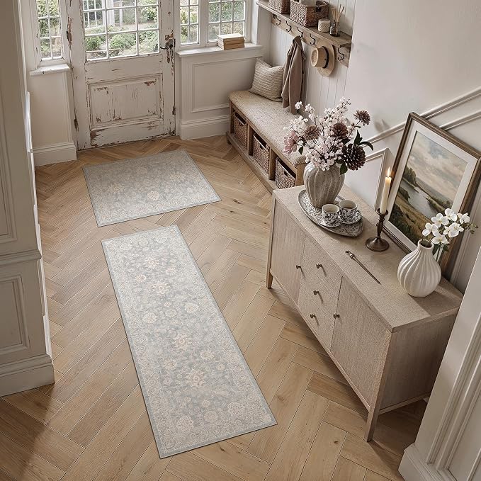 2 Piece Blue Cream Washable Kitchen Rug Set Neutral Floral Soft Non Slip Runner Mats Low Pile Distressed Area Rugs for Floor Sink Laundry Hallway Bathroom, 2x3 + 2x6