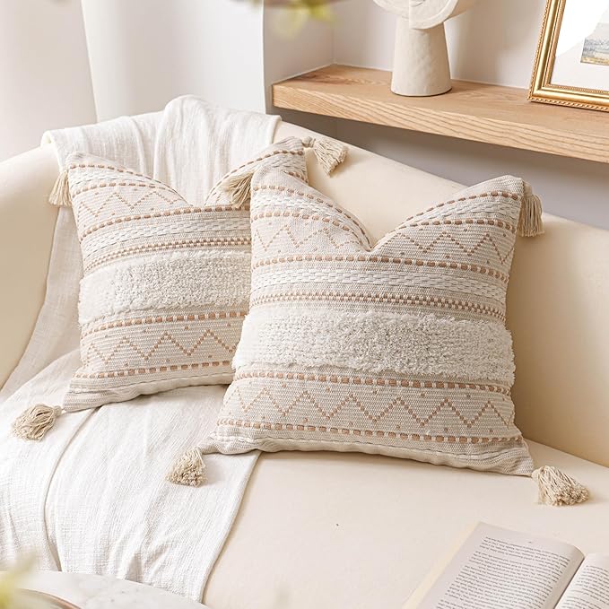 BlissBlush Decorative Throw Pillow Covers 18X18 Combo Set of 2 Square Cream Neutral White Boho Accent Pillowcase Tassels Farmhouse Cushion for Couch Sofa Bedroom Living Room Home Décor Cover ONLY