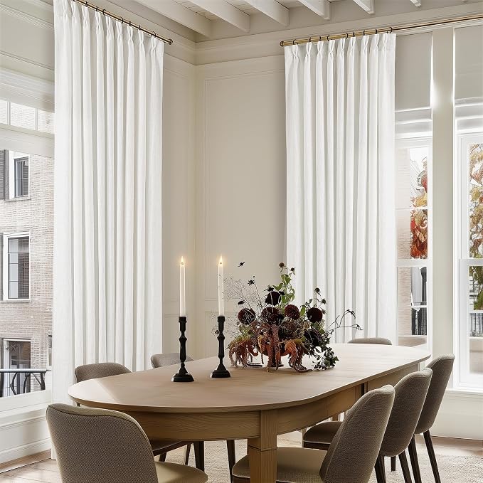 TWODRAPES Beige White Pinch Pleated Linen Curtains 1 Panel for Living Room Bedroom Memory Training Shaped Semi Sheer Pleat Drapes with Hooks Rings Light Filtering Window Curtain 60x108