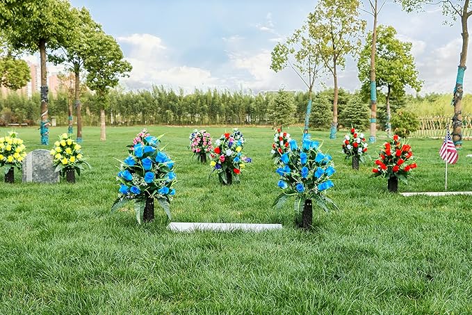 LVXINLI 2 Sets Artificial Cemetery Flowers,Outdoor Grave Decorations Roses,Beautiful Arrangements Bouquet with Cemetery Vase,Lasting and Non-Bleed Colors (Blue)