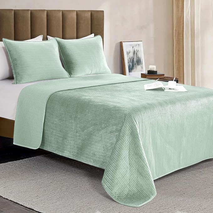 Elegant Comfort Luxury 3-Piece Velvet Corduroy Stripe Quilt Set, Ultra Soft Bedspread - Cozy Velvet Coverlet Set - 3PC Medium Weight Quilted Set with Matching Pillow Shams, Queen, Smoke Green