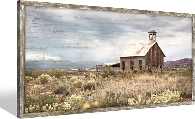 Farmhouse Wood Wall Art Picture: Framed Old Barn Print Decor Large Rustic Farm Landscape Country Artwork Panoramic Horizontal Nature Scene Rural Countryside Painting for Living Room Bedroom