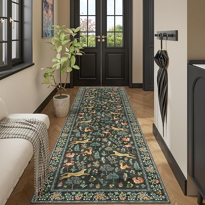 DUKINO 3x10 Washable Runner Rug for Hallway, Lightweight Loog Kitchen Rug with Low Pile Design, Vintage Animal Non Shedding Thin Indoor Carpet for Entryway, Bathroom, Bedroom, Laundry Room, Black