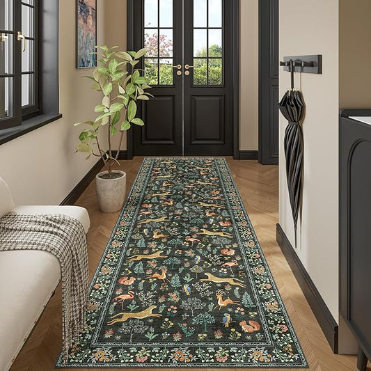 DUKINO 3x10 Washable Runner Rug for Hallway, Lightweight Loog Kitchen Rug with Low Pile Design, Vintage Animal Non Shedding Thin Indoor Carpet for Entryway, Bathroom, Bedroom, Laundry Room, Black