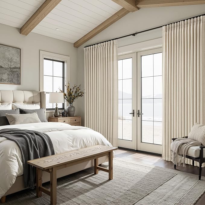 Pleated 132 Inch Extra Long Warm Beige Curtains for Living Room 2 Panels, Memory Trained Thick Linen Semi Sheer Large Windows Drapes Light Filtering 11 FT Length Modern Floor to Ceiling Viral Curtain