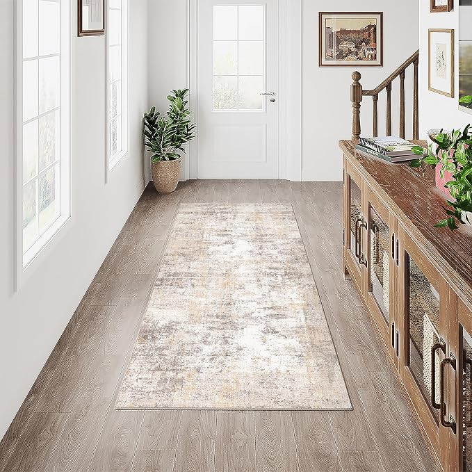 2x5 Washable Runner Rug Beige Grey Abstract Non Slip Soft Low Pile Hallway Kitchen Rug Neutral Modern Carpet for Laundry Bathroom Bedroom Living Room Home Decor