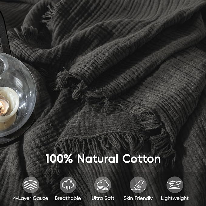 Muslin Fringe Blankets for Adults: 100% Cotton Cloud Soft | 4-Layer Gauze Breathable Lightweight All Season Throw Blanket for Bed Couch Sofa Office
