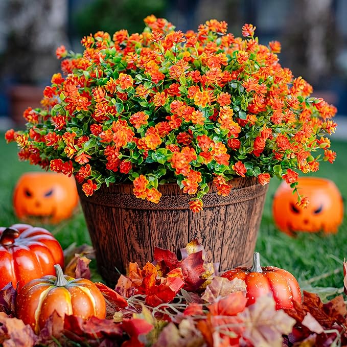 AXYLEX Artificial Fall Flowers Outdoor Fake Mums - 12 Bundles Fake Plants UV Resistant No Fade Faux Plastic Greenery Garden Porch Patio Fall Home Decor (Red Orange)