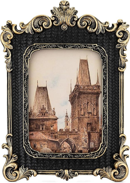 5x7 Picture Frame - Gothic Vintage European Design, Antique Baroque Style Photo Frame for Wall Hanging, Tabletop Display, and Home Decor (Black)