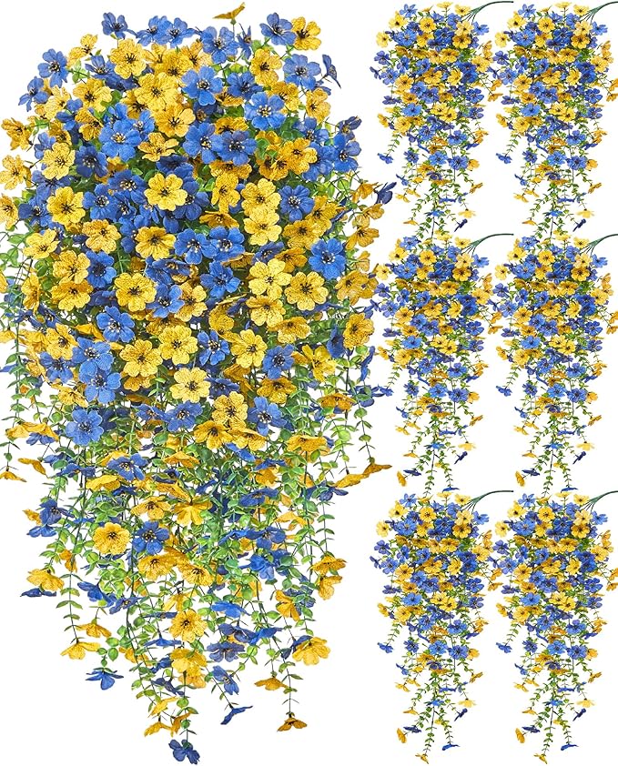 Serwalin 6PCS Artificial Hanging Flowers for Outdoors, UV Resistant Fake Hanging Plants, Realistic Weatherproof Outdoor Decor for Patio, Porch, Garden & Window (Yellow& Blue,6PCS)