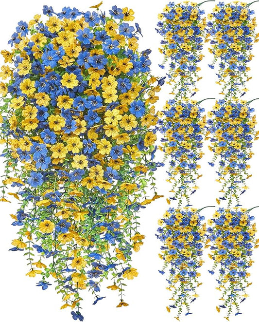 Serwalin 6PCS Artificial Hanging Flowers for Outdoors, UV Resistant Fake Hanging Plants, Realistic Weatherproof Outdoor Decor for Patio, Porch, Garden & Window (Yellow& Blue,6PCS)
