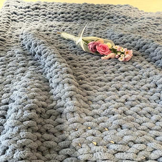 Soft Chunky Knit Throw Blanket for Couch, Cozy Warm Knitted Blankets | Hand Knit with Jumbo Chenille, Lightweight Warm Fluffy Decor for Women, Mom, Her & Girls, Sofa, Chair, Bed,40"×60"(Airy Blue)