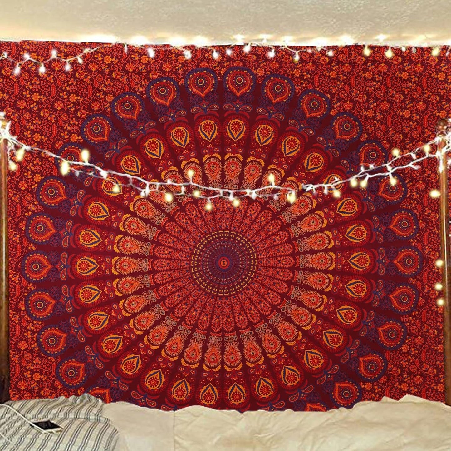 Bless International Handmade Indian hippie Bohemian Psychedelic Peacock Mandala Wall hanging College Dorm Beach Throws Table Cloth Bedding Tapestry (Golden Brown Maroon,