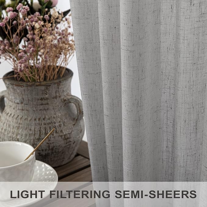 Pitalk Grey Linen Curtains 5 FT Wide by 84 Inch Length for Bedroom Semi Sheer Linen Large Drape Extra Wide Light Gray Curtains for Living Room Dining Hall 2 Panels Back Tab Pocket 5x7 5 x 7 Feet Long
