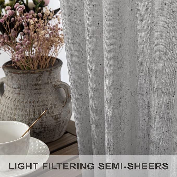 Light Grey Living Room Curtains 84 Inch Length 2 Panels Back Tab Pocket Light Filtering Drape Soft Linen Cotton Texture Semi Sheer Silver Dove Gray Curtain for Bedroom Modern Farmhouse Decor 7 FT Long