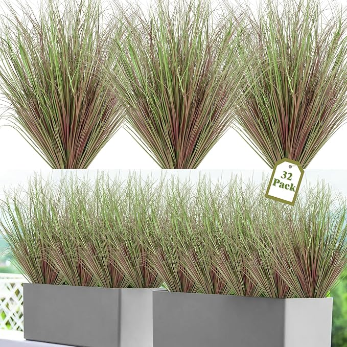 32 Bundles Artificial Grass Plants Outdoor 20 Inch Tall Fake Shrubs Wheat Grass UV Resistant Greenery Stems Weed Faux Bushes Plant for Indoor Outdoor Garden Office Home Decor, Purple