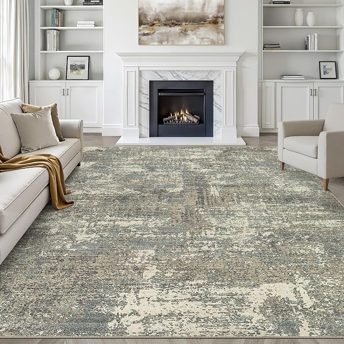 9x12 Area Rug Living Room: Washable Large Neutral Rug Abstract Soft Modern Stain Resistant Indoor Floor Non-Slip Carpet for Bedroom Nursery Kids Office Playroom Dining Room- Green Brown