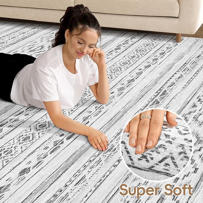 cotiled 5x8 Area Rug Living Room: Washable Boho Rugs with Non Slip Backing Large Soft Indoor Stain Resistant Carpet for Bedroom Farmhouse Dining Room Lightweight Home Decor Cream Grey