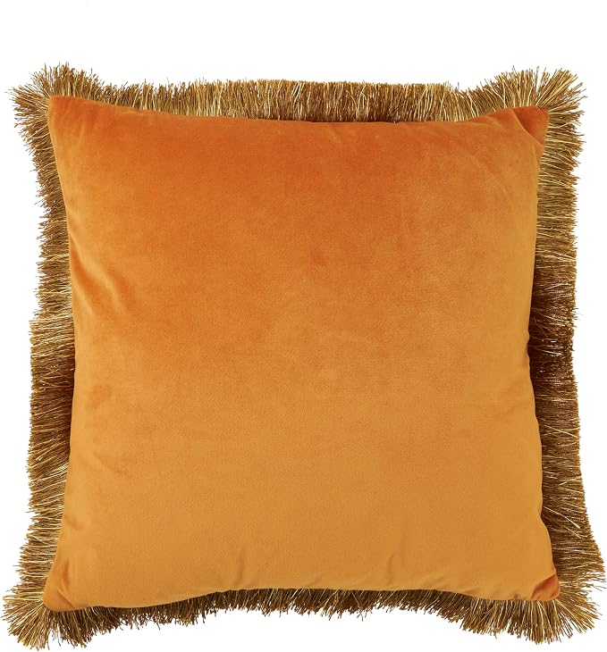 SARO LIFESTYLE Velvet Throw Pillow - Luxe Fringe Throw Pillow with Down Filled Comfort for Glam Traditional Decor, Elegant Living Spaces and Sophisticated Home Styling, 18"x18", Rust