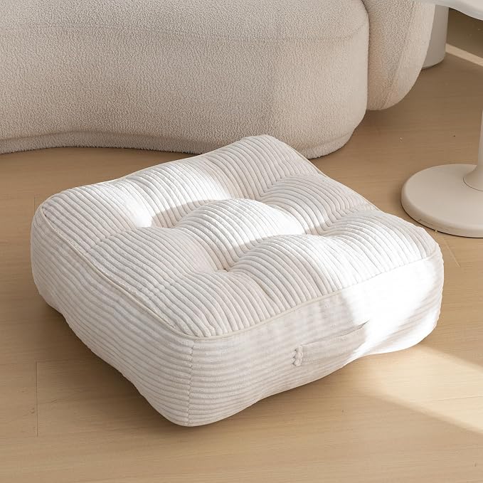 HIGOGOGO 8" Extra Thick Floor Pillow Cushion for Adults, Meditation Cushion Pillow, Tufted Corduroy Cover, Large Square Floor Sitting for Tatami Living Room or Yoga, Beige