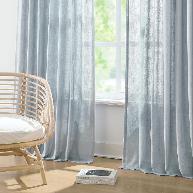 Vision Home Blue Fog Pinch Pleated Semi Sheer Curtains Textured Linen Blended Light Filtering Window Curtains 112 inch for Living Room Bedroom Patio Pinch Pleat Drapes with Hooks 1 Panel 60" Wx112 L
