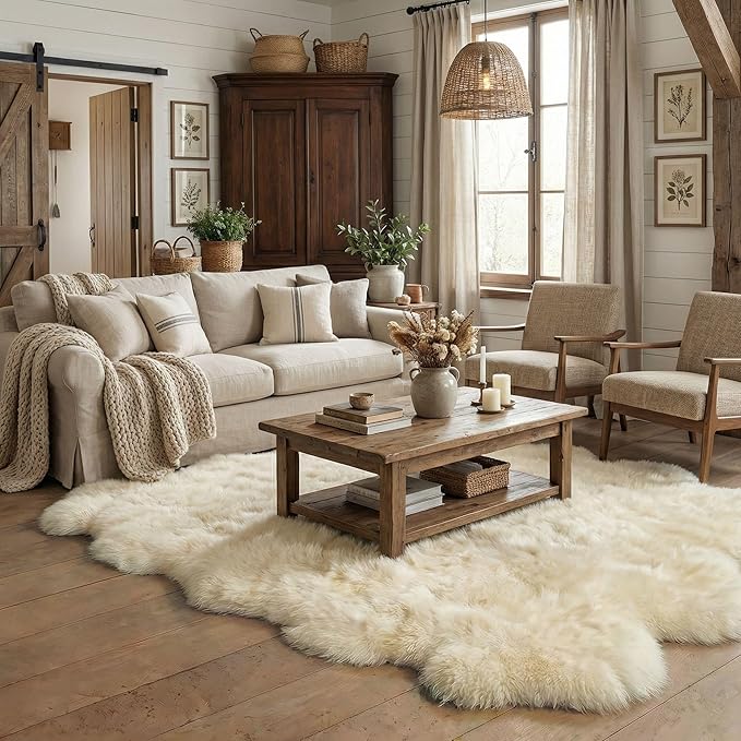 Super Area Rugs Premium Genuine Sheepskin Rug 5' x 6' Long Fur Soft & Natural Shaggy Living Room Rug, Champagne Cream, Six Pelt
