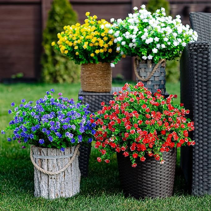 AXYLEX Artificial Flowers for Outdoors Fake Plants - 12 Bundles Faux UV Resistant No Fade Plastic Greenery Home Garden Porch Patio Decoration Boxwood Shrubs (Red)