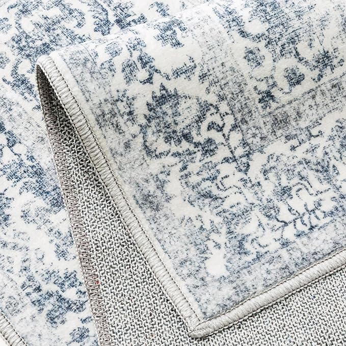 PureCozy Navy Blue Area Rug 9x12 Machine Washable Large Vintage Living Room Distressed Non Slip Carpet Traditional Indoor Bedroom Retro Floral Accent Throw Rug for Office Kitchen Dining Room