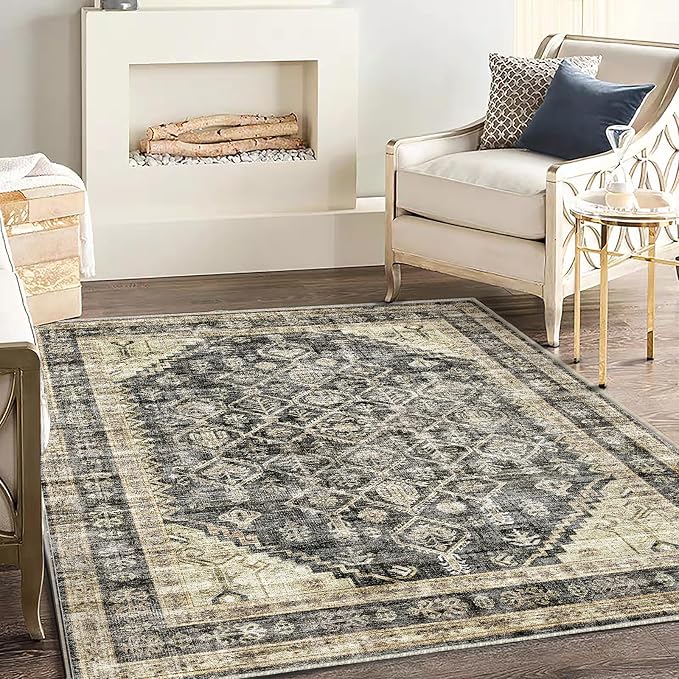 CHAMPLANT Washable Area Rug 3'x5' Vintage Traditional Floor Cover Foldable Thin Rugs Retro Kitchen Indoor Distressed Non Slip Carpet Floral Print Mat Bedroom Living Room