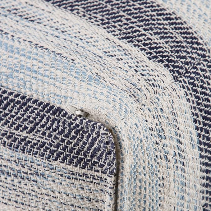 SIMPLIHOME Clay Square Pouf - 18 inch Wide Upholstered Cotton Ottoman in Dark Blue/Natural, Boho Footstool, Decorative Cube Pouf or Extra Seating for Living Room or Bedroom, Assembled