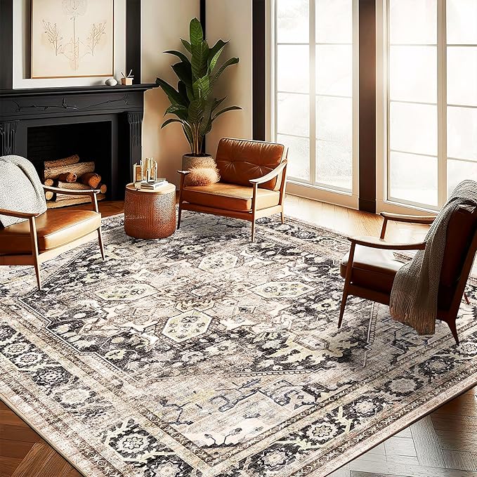 CHAMPLANT Washable Area Rug 10'x14' Black-Purple Khaki Retro Flowers Boho Design Non-Shedding Easy Care Ideal for High Traffic Areas in Living Room Bedroom Office Coffee Table Kitchen Large Carpet