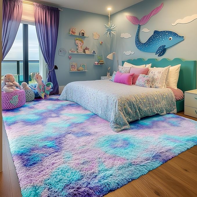PAGISOFE Plush Rainbow Mermaid Rugs for Bedroom Girls, 6x9 Soft Purple Shag Area Rugs for Livingroom, Girls Room, Nursery, Classroom, Home Decor, Fluffy Fuzzy Carpet Mermaid Kawaii Pink Rugs