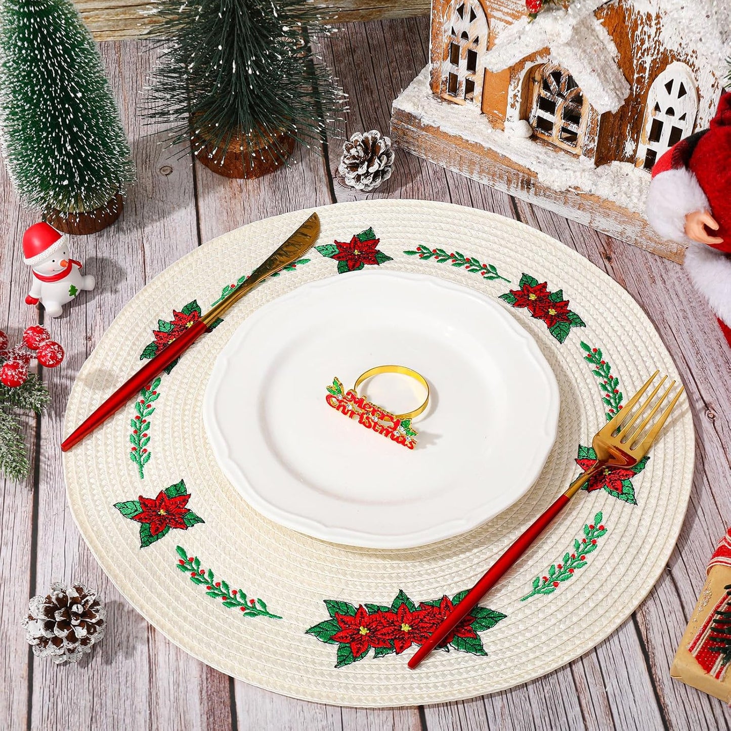 Whaline 4Pcs Round Christmas Flower Placemats Embroidered Xmas Poinsettia Place Mats Decorative Dinner Table Mats for Holiday Party Decor