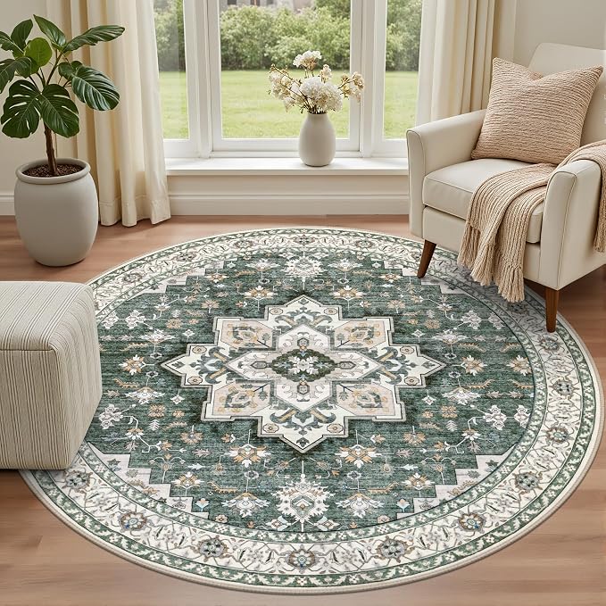 Round Area Rug for Living Room: 4 ft Washable Vintage Boho Soft Thin Circle Rug Indoor Floor No Slip Stain Resistant Carpet for Bedroom Dining Room Farmhouse Nursery Home Office - Green Ivory