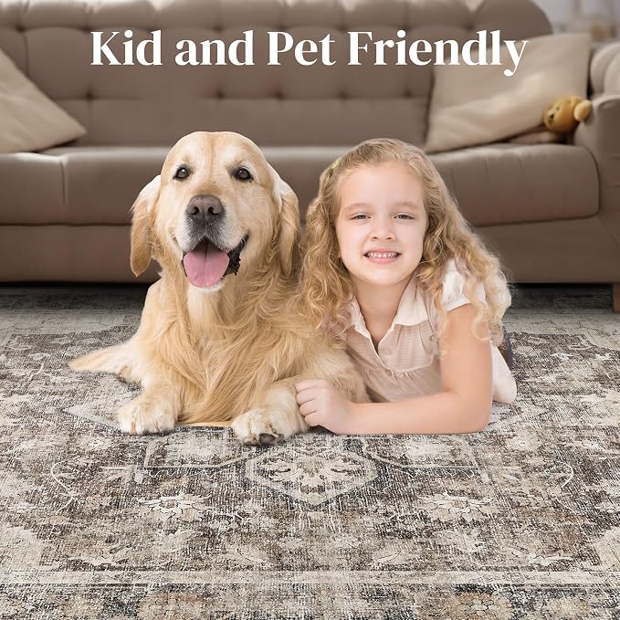Area Rug for Living Room - 10X12 Soft Washable Vintage Floral Distressed Large Carpet - Fade Stain Resistant Non Slip Rugs for Bedroom Dining Room Nursery Dorm Office Home Decor - Dark Brown