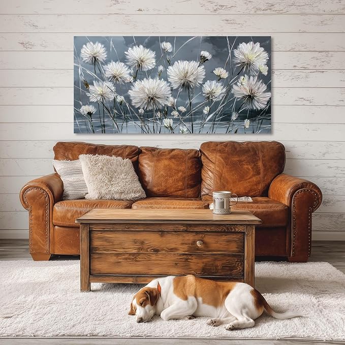 Ggaafet White Dandelion Wall Art for Living Room Canvas Oil Painting Prints Beautiful Flower Floral Blooming Art Deco Modern Artwork Office Bedroom Family Dining Room Decor Large