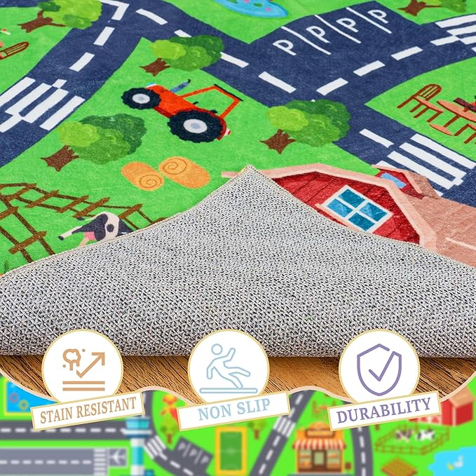 Kids Room Rug - Soft & Non-Slip 9x12 Ft Town Car Rug City Map Play Mat, Childrens Road Catpet Washable Rug for Classroom Nursery Bedroom Boys