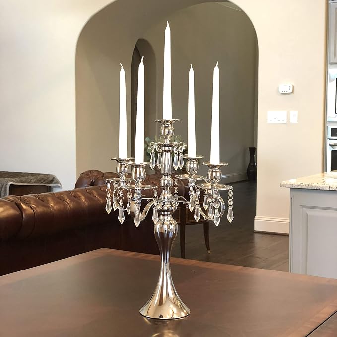 Allgala Silver Candle Holder 19" 5-Arm Silver Chrome Plated Taper Candle Holder Candlestick Candelabra