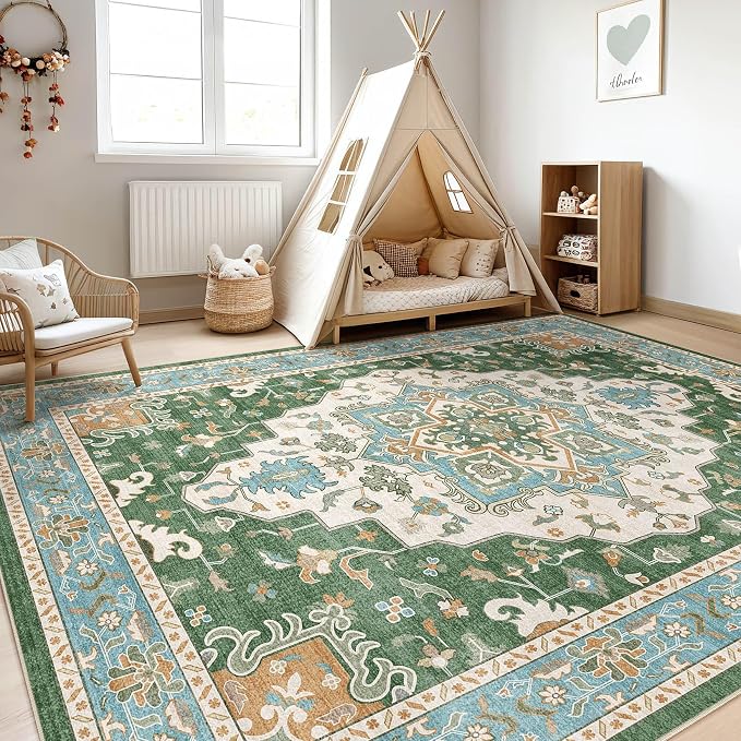 8x10 Area Rugs Living Room: Washable Boho Large Neutral Vintage Soft Rug Stain Resistant Farmhouse Non-Slip Indoor Floor Retro Carpet for Bedroom Nursery Kids Office Dining Room- Green Multi