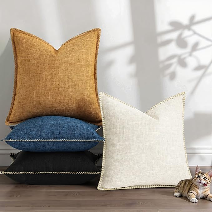 decorUhome Summer Decorative Throw Pillow Covers 12x20 Set of 2 Lumbar Faux Linen Farmhouse Pillow Covers with Stitched Edge Outdoor Neutral Pillow Covers for Couch Sofa Living Room, Cream White