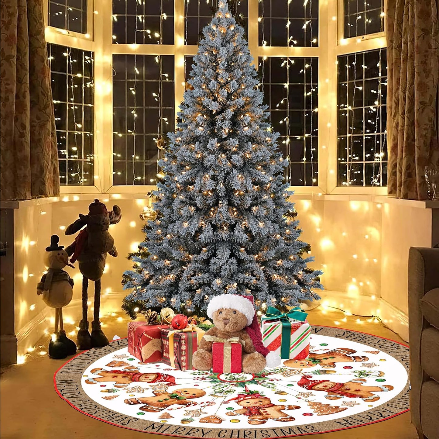 Baccessor Christmas Tree Skirt 48 Inch, Merry Christmas Cute Gingerbread Man Christmas Tree Skirt Collar for Winter Holiday Farmhouse Vintage Rustic Xmas Party Decoration