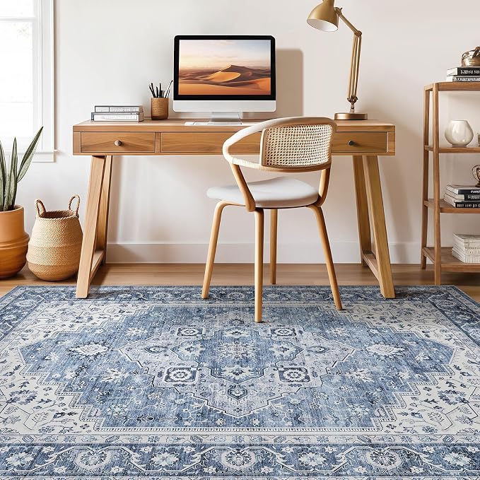 7x9 Area Rug Living Room: Washable Boho Large Neutral Vintage Soft Rug Stain Resistant Farmhouse Non-Slip Indoor Floor Retro Carpet for Bedroom Nursery Kids Office Dining Room- Blue Gray