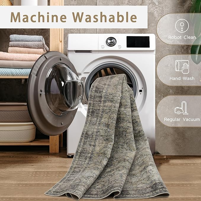 Srugn Washable Rugs 8x10 Area Rugs for Living Room,Bedroom and Dining Room-Large Ultra Soft Faux Wool Retro Carpets,Non Slip&Non-Shedding Low Pile Vintage Print Home Office Rug-Brass Green-Brown-Olive