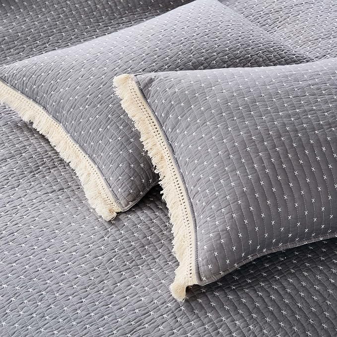 Levtex Home Cross Stitch Reversible King/Cal King Quilt Set (106x92in) and 2 Pillow Shams (36x20in) - Stitch Texture - Grey White - Cotton King Size Quilt Bedding Set - Lightweight Soft Pre-Washed